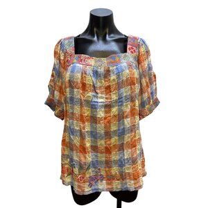 Johnny Was Vintage Multicolor Plaid Peasant Blouse w/Embroidered Details Size M
